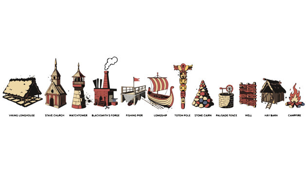 Viking Village Landscape Scene Flat Vector Illustration Vintage Norse Viking Stamp Emblems Set with Longhouse Stave Church Watchtower and Beached Longship Isolated Collection for Marketing Packaging a