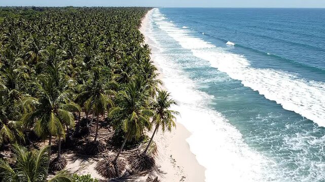 Tropical beach panorama with gentle ocean waves breaking on a deserted white sand shore bordered by a dense palm forest.