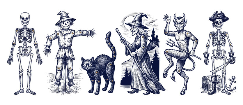 Vintage Halloween character illustrations set featuring jointed paper doll puppets of skeleton, witch, devil, scarecrow, black cat, and pirate for spooky retro decorative holiday design elements.