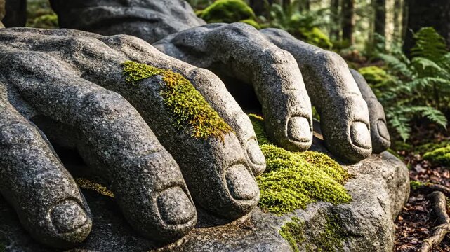 Massive Ancient Stone Golem Hands Covered in Vibrant Green Moss in Forest