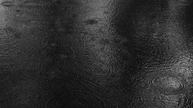 Heavy rain falling on dark lake surface ripples, POV static shot, 4K. Cinematic footage of a powerful, heavy rain storm pouring over a dark lake surface, creating endless ripples and water drops.