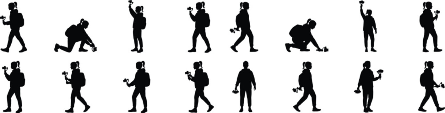 Content creator silhouettes set of female vloggers using gimbal stabilizers and cameras for video production.