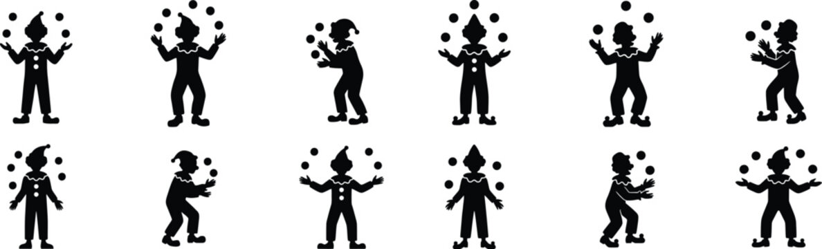 Juggling clown silhouettes collection featuring performers in circus costumes tossing balls on a background.