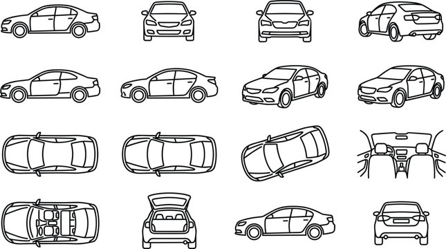 Sedan car vector icons blueprint set showing front side back top views angle perspective and vehicle interior layout