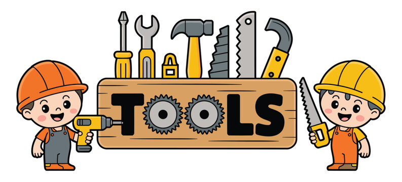 Cartoon construction workers with tools illustration