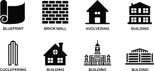 Obraz premium Architecture icon set, building silhouettes blueprint wall patterns and property symbols for construction industry applications