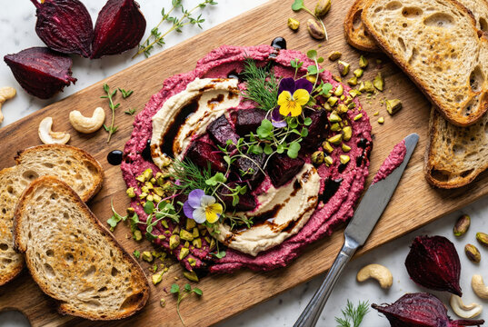Artistic beetroot cashew pate platter with toasted bread and edible flowers