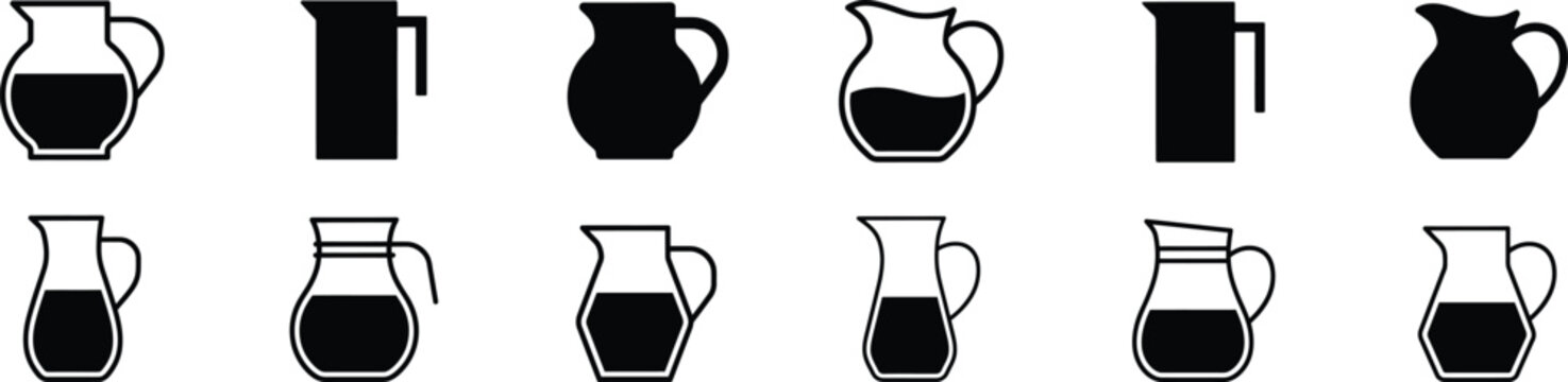 Water pitchers and glass juice carafes in various styles isolated on transparent background design vector.