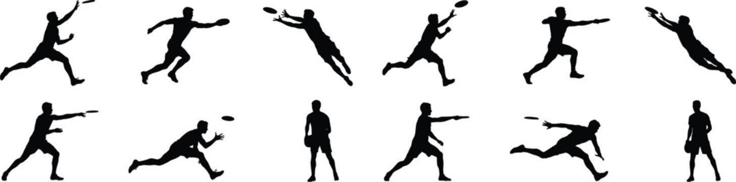 Set of ultimate frisbee player silhouettes showing dynamic athletic poses during sport match on checker.