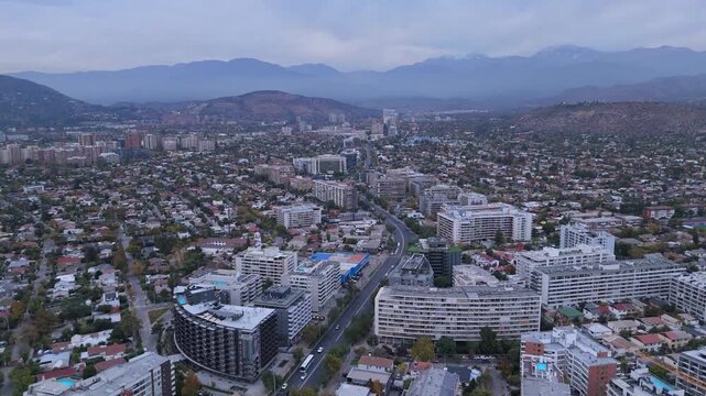 Residential buildings and houses in the Las Condes commune, with the Andes mountain range in the background, in the city of Santiago, Metropolitan Region, country of Chile