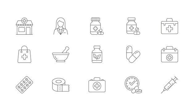 medical and pharmacy line icons set, healthcare outline vector icon collection