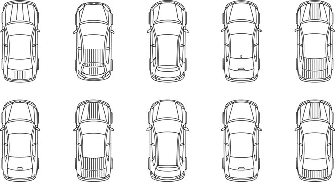 Top view car vector outline collection showing different automobile models rooftops for parking maps and navigation graphics