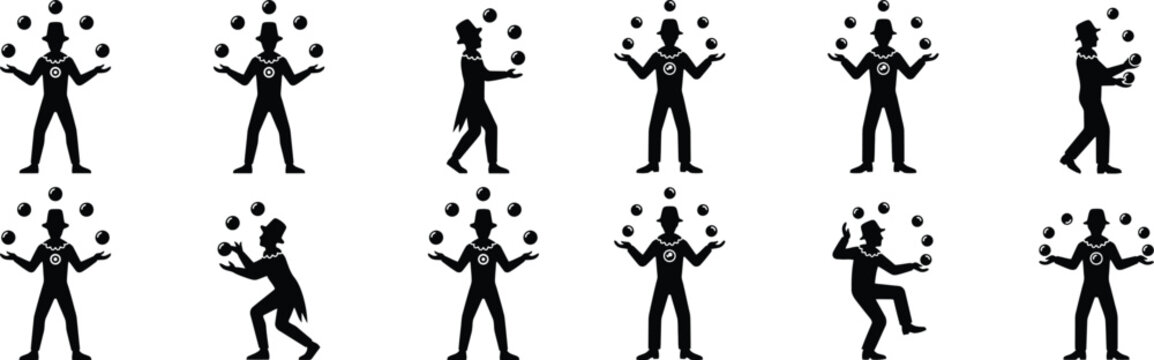 Juggler performing tricks with balls illustration set featuring circus entertainer in various poses.