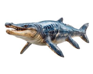 Naklejka premium Mosasaurus Dinosaur Model: A highly detailed model of the prehistoric Mosasaurus, showcasing its reptilian features, sharp teeth, and powerful flippers.