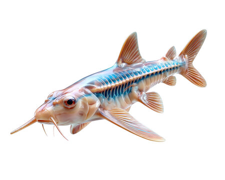 Unique Albino Pleco Fish: An incredibly rare albino plecostomus catfish with striking blue and white markings swims gracefully against a plain background, showcasing its unusual beauty.
