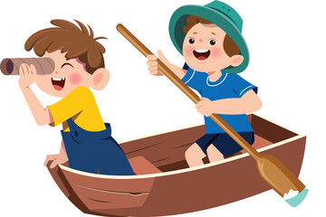 Two children in wooden boat playing explorer with spyglass and oars on white background cartoon illustration.