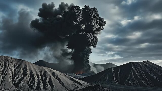 Volcanic eruption erupts with towering ash plume over barren crater landscape.