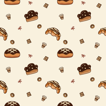Bakery chocolate cartoon so cute. On croissant bread bag bow drinks donut background. Pattern seamless vector illustration. 