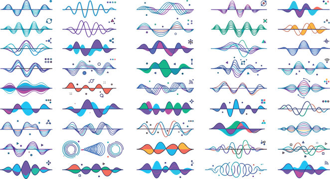 Abstract Audio Waveform Collection Featuring Sound Signals Frequency Oscillations Digital Pulse Visualizations and Music Technology Elements