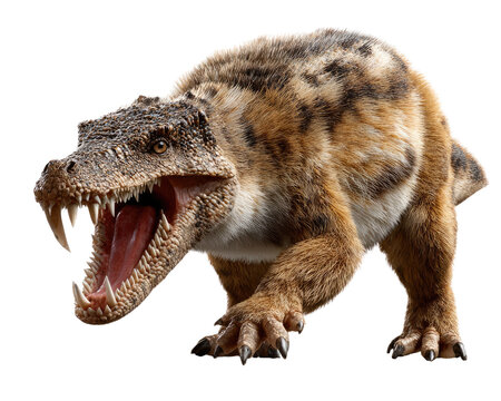 Gorgonops Predator: A fearsome Gorgonops, a prehistoric predator with a reptilian head, sharp fangs, and furry body, poses with its mouth open, revealing its menacing teeth.