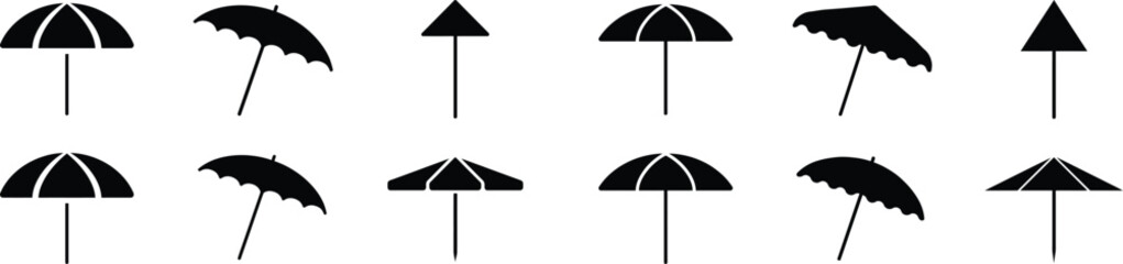 Obraz premium Assortment of black sun umbrella icons representing beach weather shading protection and summer holiday time.