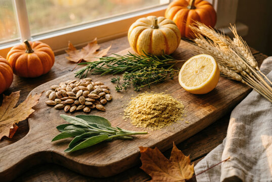 Raw pumpkin seeds and spices arranged on a rustic cutting board near small pumpkins