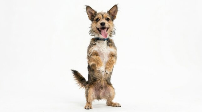 A small scruffy terrier mix dog standing on hind legs isolated on white background