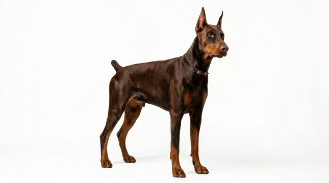Full body portrait of a brown doberman pinscher standing in profile, isolated on white background