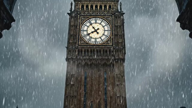 Historic Clock Tower Architecture Standing Tall Under Heavy Rainfall In A Moody Urban Environment During A Gloomy Day In The Heart Of The City