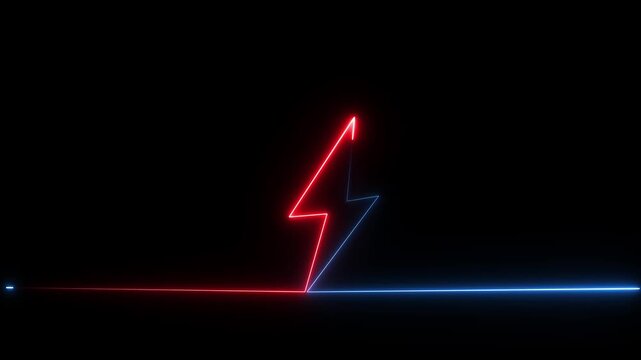 Abstract orange neon glowing battery charging icon animation on black background.Glowing neon lightning bolt icon, Futuristic Neon Icon Animation in 4K