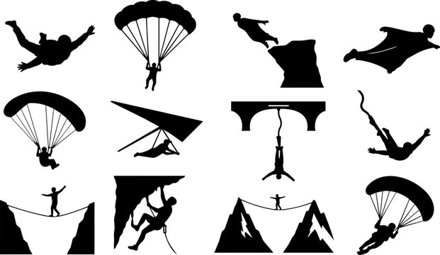 Aerial and Height Extreme Sports Silhouette Icon Set