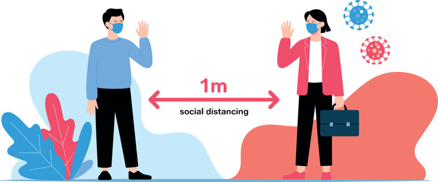 Social distancing concept illustration featuring two people wearing face masks maintaining a one meter safety gap distance