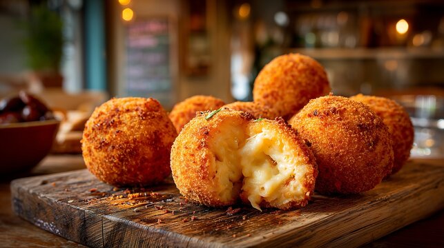 Golden arancini rice balls with crispy coating and cheese filling on rustic table, cozy Italian cafe atmosphere, warm food photography.