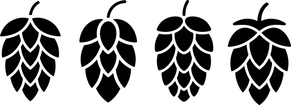 Set of four black hop icons for craft beer brewing industry design elements isolated on white background vector illustration