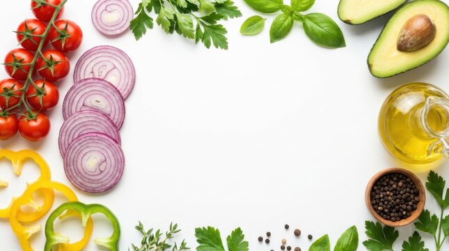 Fresh vegetables and herbs arranged as a frame isolated on white background