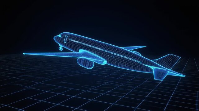A glowing blue wireframe airplane on a dark grid background, symbolizing aerospace engineering, digital design, and technological innovation in flight simulation.
