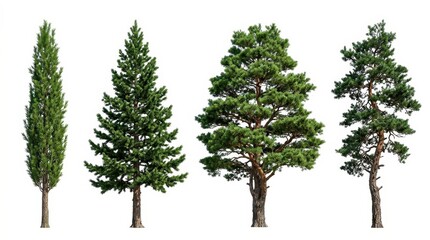 Fototapeta premium Set of four different coniferous trees isolated on white background