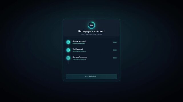 App account setup onboarding screen with step checklist and progress completion interface
