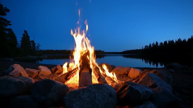 Campfire burning brightly by a calm lake at night with sparks flying into the dark blue evening sky