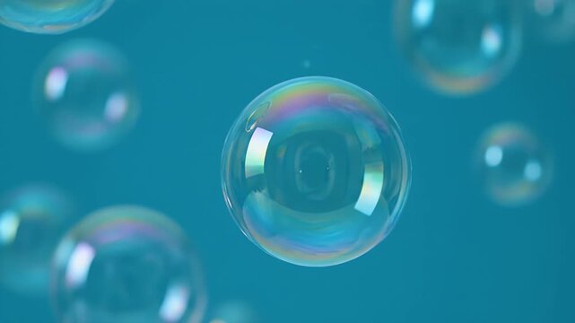 Soap bubbles floating in the air with iridescent reflections isolated on a solid blue background