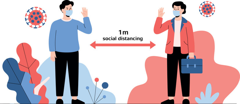 Social distancing concept illustration featuring two people wearing face masks maintaining a one meter safety gap distance