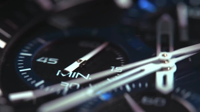 A cinematic slow-motion close-up of clock hands moving across a classic timepiece face. The intricate details of the dial, hands, and mechanical movement create a powerful visual representation of tim