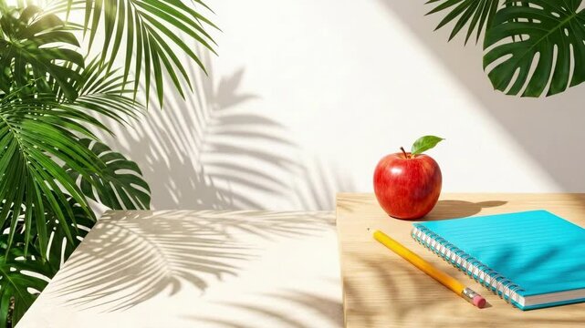 Red apple with leaf, blue notebook and yellow pencil on wooden desk. Tropical palm and monstera leaves casting shadows in sunlight. Fresh back to school study setup for learning and productivity