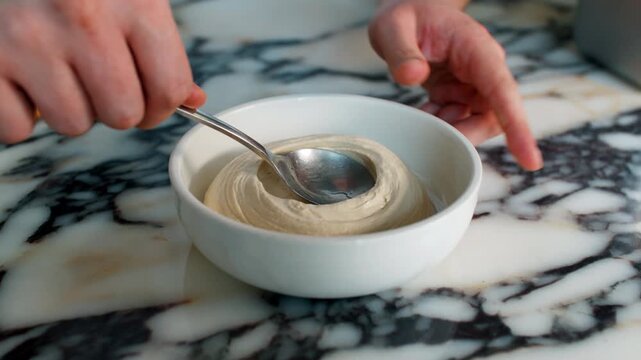 Chef using a large spoon to stir or smooth out a creamy soup or porridge in a white ceramic bowl. Food preparation on a marble kitchen surface