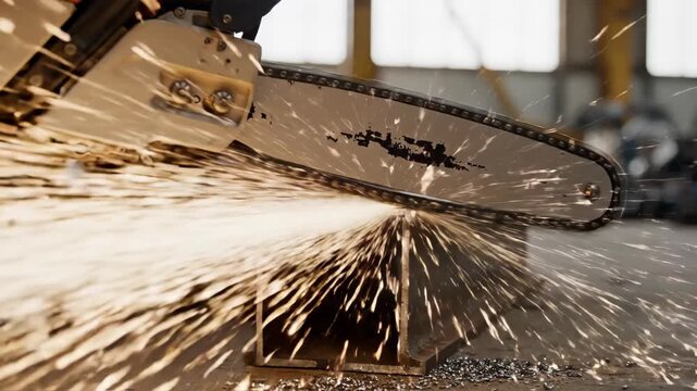 Industrial Chainsaw Blade Cutting Through Thick Steel Beam Generating Bright Orange Sparks in Workshop