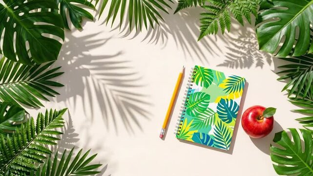 Tropical leaf notebook with yellow pencil and red apple on white background. Summer stationery concept for fresh notes and design inspiration