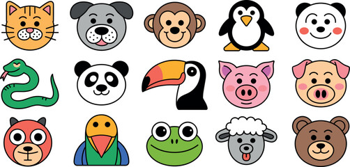 Obraz premium Set of colorful cute animal character faces including mammals birds and reptiles for children's design and education projects