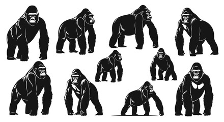 Powerful primate silhouettes standing and walking in black and white © Inung