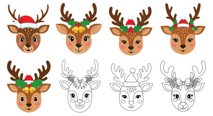 Cute reindeer faces with festive christmas hats and holly © Inung