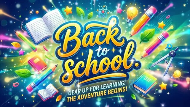 Back to school vibrant illustration with books and pencils. Gear up for learning adventure begins. Educational graphic design for new school year motivation and student inspiration